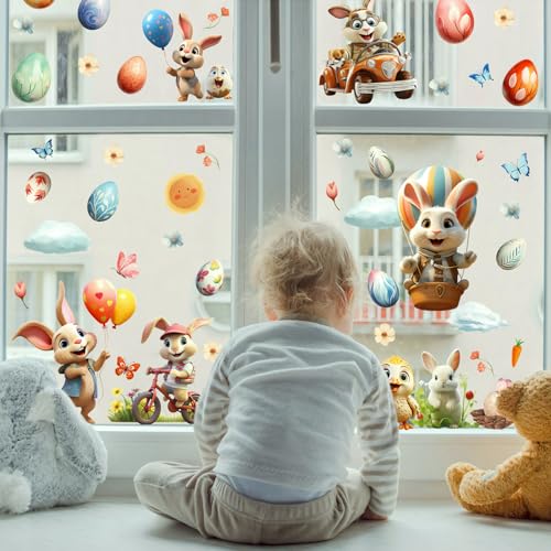 Hianjoo 87 PCS Easter Window Clings - Double-Sided Bunny & Egg Stickers