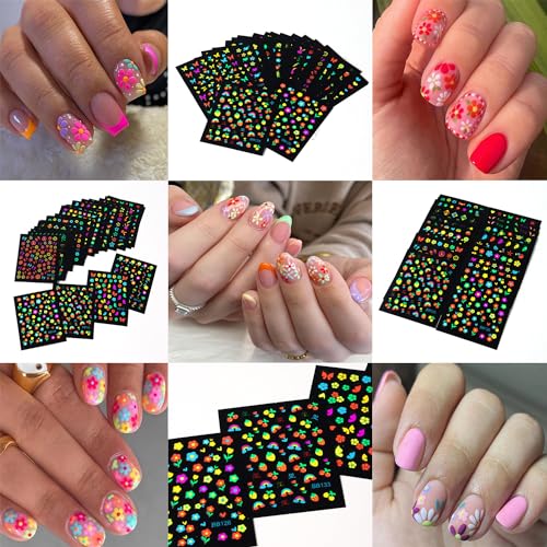 24 Sheets Fluorescent Nail Art Stickers 3D Colorful Flower Butterfly Decals