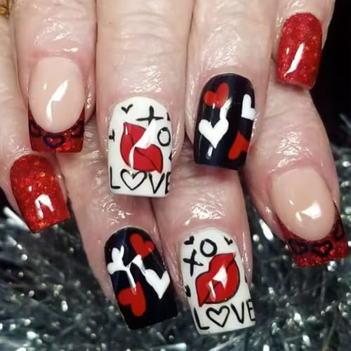 Valentine's Day Red French Tip Press on Nails Short Square Fake Nails