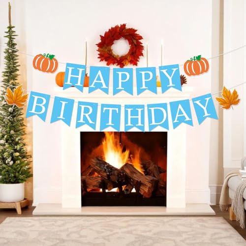 ANFEST Pre-Strung Blue Birthday Banner with Autumn Leaves and Pumpkins