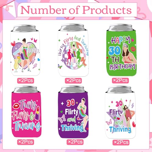 Aposwow 12 Pack 30th Birthday Can Coolers - Flirty & Thriving Party Favors for Women