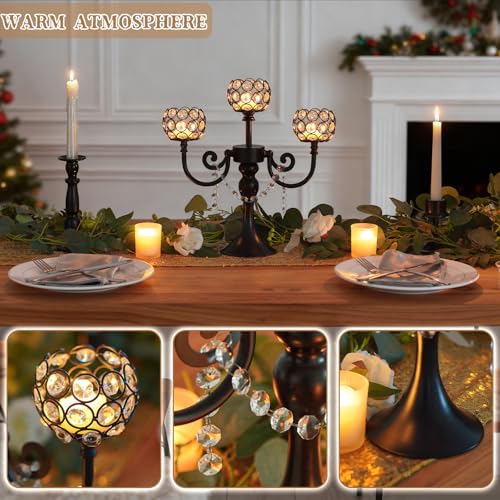 Black 3-Arm Metal Candelabra with Crystal Bowls - Elegant Table Centerpiece