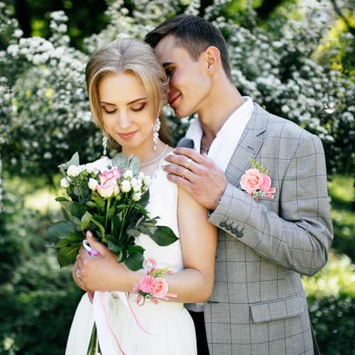 Pink Corsage and Boutonniere Set for Weddings & Proms - 2PCS