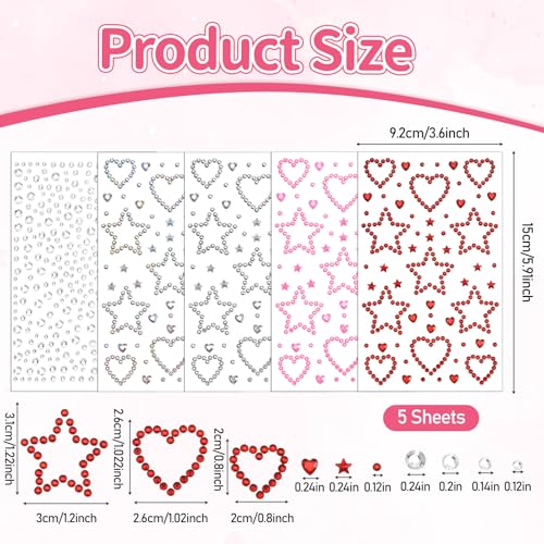 Larrel 5 Pcs Star Face Gems & Rhinestone Stickers with Tweezer
