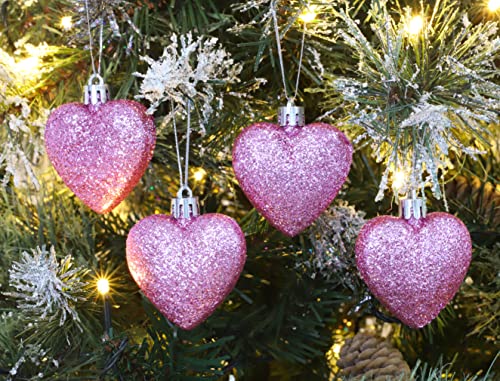 Baby Pink Glitter Heart Christmas Tree Ornaments - 8 Pack