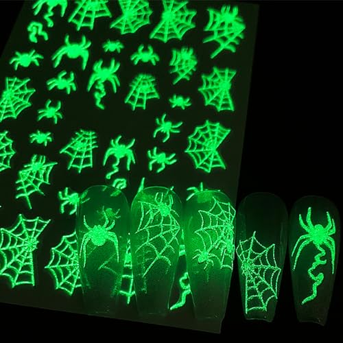 IDDFEVE Halloween Glow-in-the-Dark Nail Stickers, 3D Skeleton & Spider Web Decals - 4 Sheets
