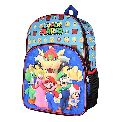Super Mario Backpack Bowser Luigi Princess Peach Yoshi 16" Kids Bag School Travel Backpack With Quilted Front Design
