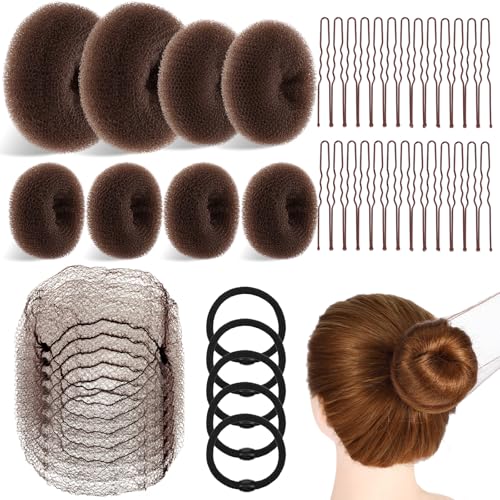 63Pcs Brown Hair Bun Maker Kit with Donut, Nets, Pins and Hair Ties