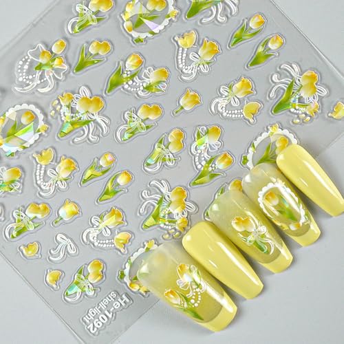 Floral Nail Art Stickers 3 Sheets Embossed Tulip Spring Manicure Decals