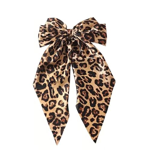 Yellow Leopard Print Satin Hair Bow Clip with Long Tail
