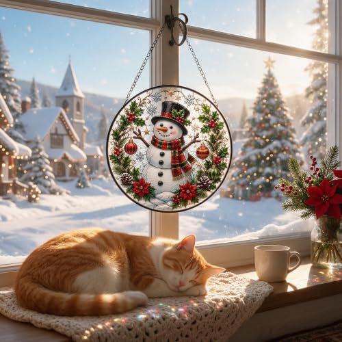 Christmas Snowman Stained Glass Suncatcher for Window Hanging - White Snowman - 7.9 Inch