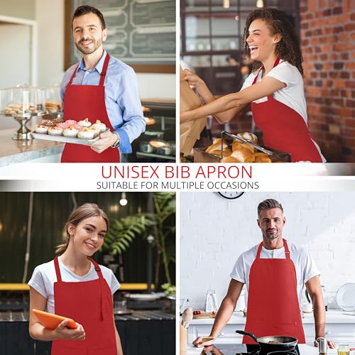 Utopia Kitchen Red Bib Aprons 2 Pack Adjustable with 2 Pockets - 100% Polyester