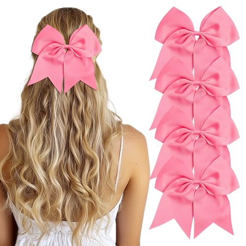 AXEN 8-Inch Large Cheer Hair Bows with Ponytail Holder, Pink, 4 Pack