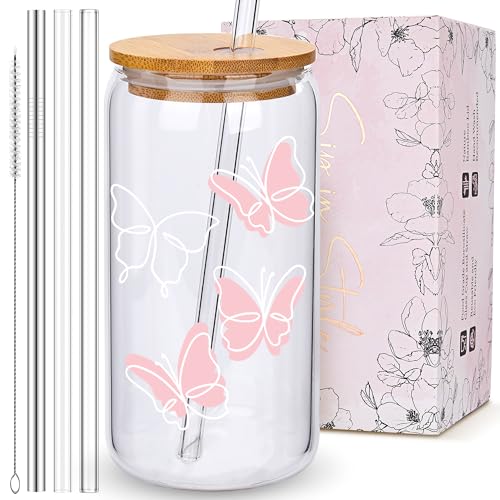 Pink Butterfly Glass Cup with Lids and Straws - Trendy Iced Coffee Tumbler - Variation 08-Pink Butterfly