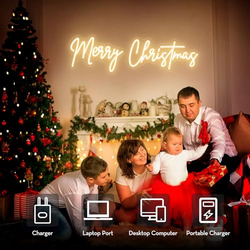 Large 26 Inch Merry Christmas Neon Sign - Warm White Acrylic Wall Decor, USB Dimmable LED Lights for Holiday Parties
