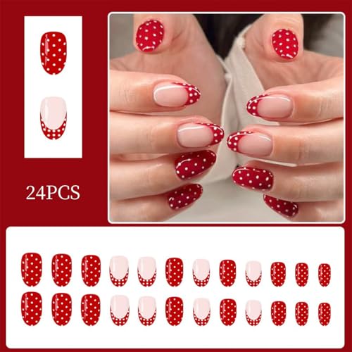 Red French Tip Press on Nails Short Oval Fake Nails with White Polka Dots