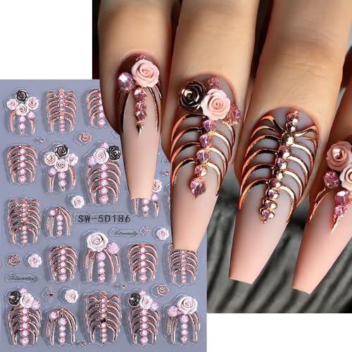 Qdsuh 5D Embossed Skull Halloween Nail Art Stickers Gold Rose Gold