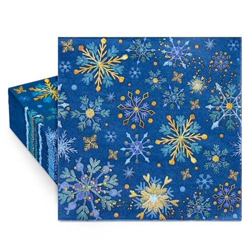 Winter Snowflake Paper Napkins - Blue Gold Xmas Disposable Napkins 6.5 x 6.5 Inch, 80 Pack