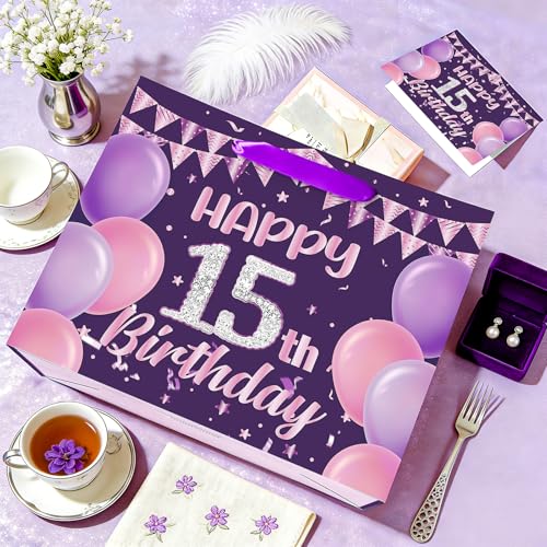 Happy 15th Birthday Gift Bag Set for Girls - Purple & Pink