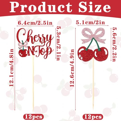 24 Pcs Cherry Cupcake Toppers Glitter Sweet Cherry Cake Decorations