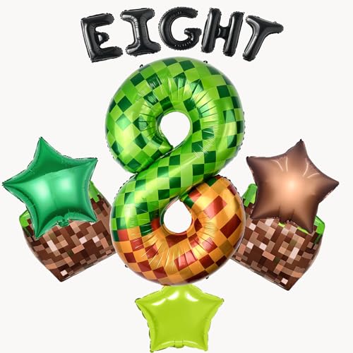 40" Green Pixel Miner Number 8 Balloon Set - 11Pcs Gaming Party Decor