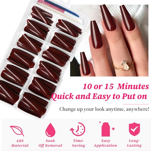Lifextol Long Coffin Press on Nails - 120 Pcs Burgundy Glossy Fake Nails Kit