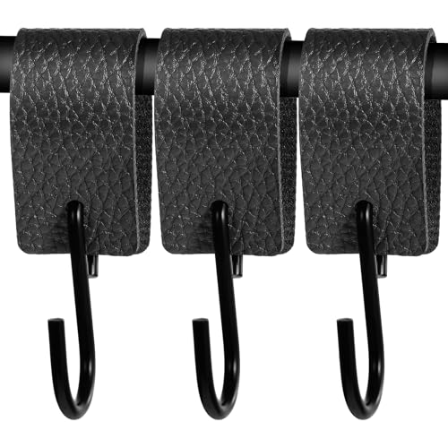 Yuanchu Black Leather S Hooks - 3 Pack Multifunctional Metal Hangers for Clothes & Kitchen