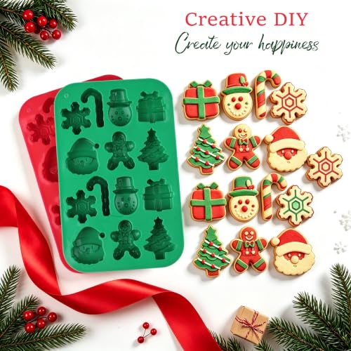 Christmas Silicone Molds 2PCS - Santa, Christmas Tree, Snowman & Gingerbread Design - 14 Cavity Candy & Cookie Molds - Variation 1-2pcs