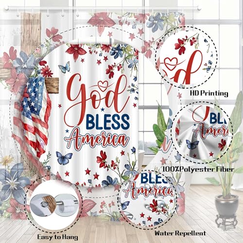 BATRUG Patriotic American Flag Shower Curtain - 70x70in Floral Cross