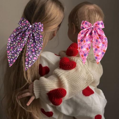 BUNLVDI 2Pcs Halloween Hair Bows Satin Long Tail Clips Pumpkin Ghost