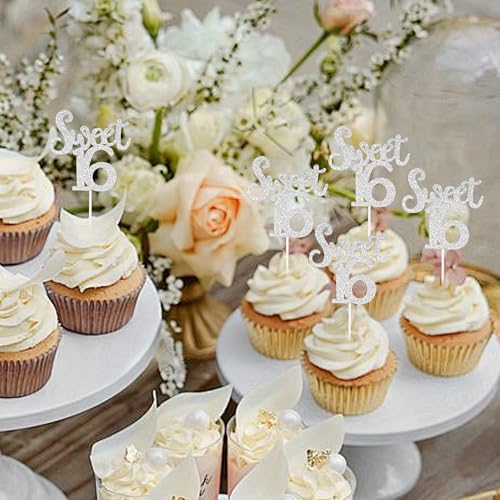 ZIRVELANO 12 Pcs Silver Glitter Sweet 16 Cupcake Toppers Number 16 Cake Decor