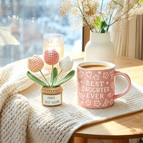 Best Daughter Embossed Ceramic Mug with Handmade Crochet Tulip Gift Set