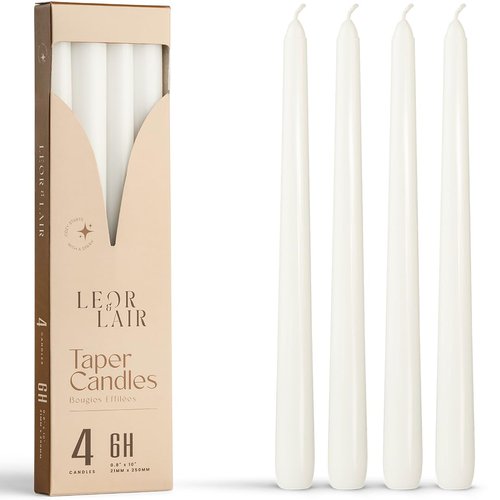 Leor & Lair White Taper Candles - 4 Pack 10" White Candlesticks - Unscented Long Burning Candle Sticks for Home Decoration, Holidays, Weddings, Religious, Restaurants & Business Events