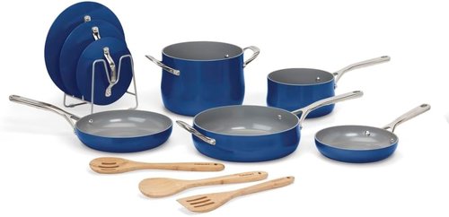Cuisinart 12-Piece Ceramic Cookware Set - Nonstick, Dishwasher Safe, Even Heat Cooking, Sapphire