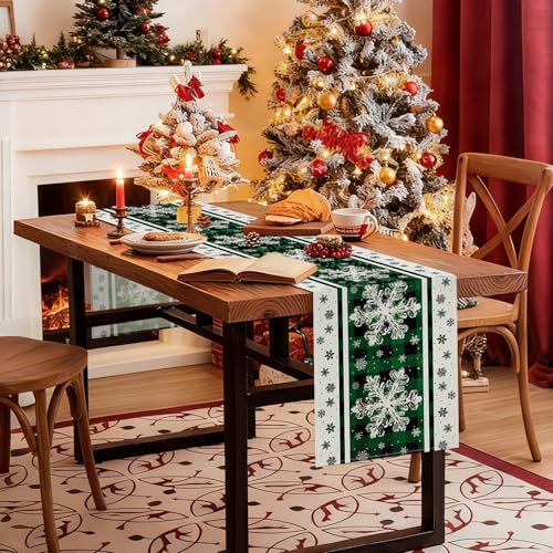 Snowflakes Christmas Table Runner Green Black Plaid Farmhouse Holiday Decor 13x48 Inch