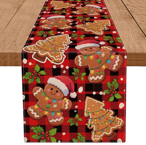 Gingerbread Man Table Runner 13x90 Inch Christmas Plaid Holiday Decor