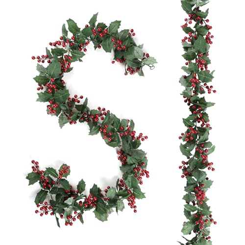 Artificial Christmas Garland with Red Berries and Holly Leaves - 12 Ft, 2 Pack, Holiday Decor
