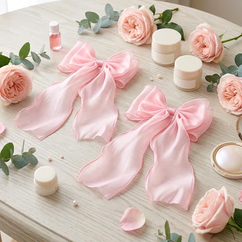 Mabor Large Pink Hair Bows with Long Tail Clip, 2 Pcs
