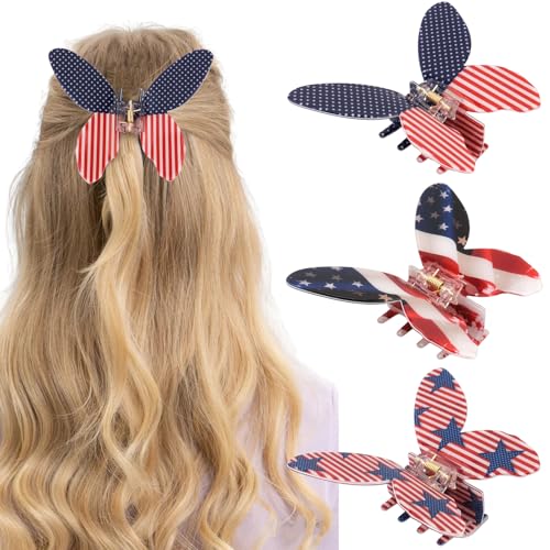 FASOTY Patriotic Butterfly Hair Claw Clips - 3 Pcs Red White and Blue