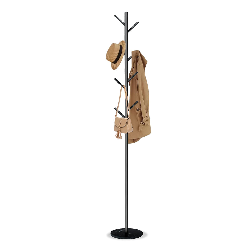 Acteomsly Coat Rack with Natural Marble Base, Metal Freestanding Coat Rack with 8 Hooks, Heavy Duty Coat Hanger Stand for Entryway, Office, Bedroom,Dorm for Coats, Hats, Handbags and Scarves(Black)