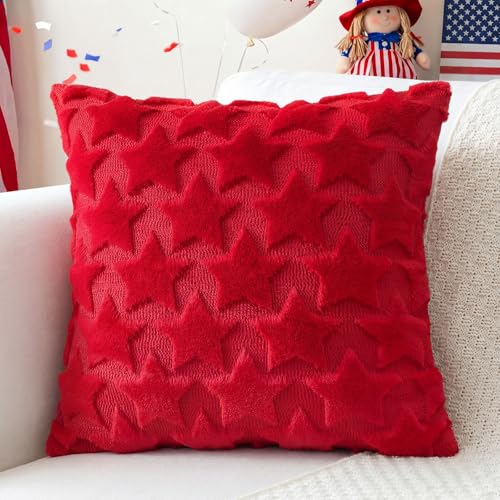 OTOSTAR 4th of July Throw Pillow Cover, 18x18 Inch Red Star Faux Fur Case