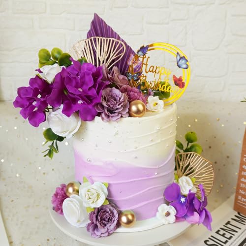 25-Piece Purple Floral Cake Topper Set for Birthday and Wedding Cakes