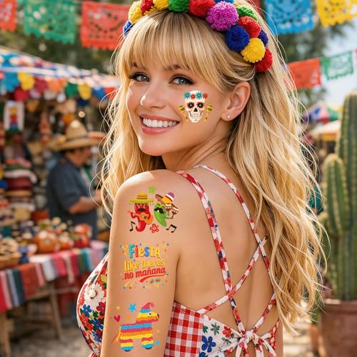 Konsait Cinco de Mayo Temporary Tattoos, 96 Pcs Mexican Fiesta Party Favors