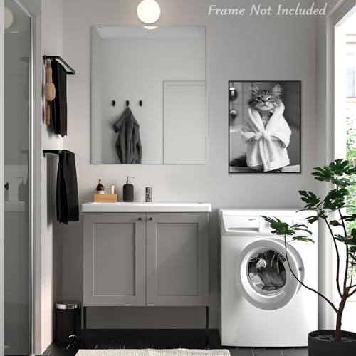 Funny Cat Bathroom Wall Art - Cute Cat in Bathrobe Poster 12x16
