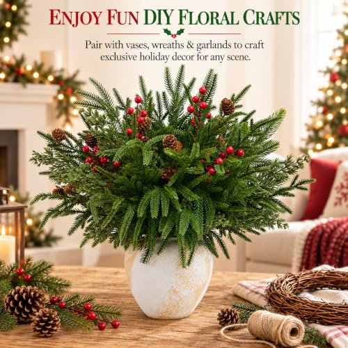 Christmas Norfolk Pine Stems - 16pcs Real Touch Holiday Decor for Vase & Wreaths (Variation: Christmas / 16 PCS)