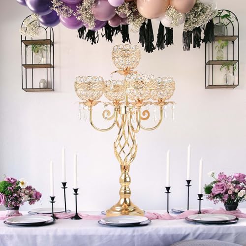 Gold 5-Arm Candelabra Centerpiece with Crystal Pendants - 23.6 Inch Tall Wedding & Home Decor