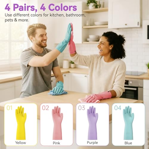 AUSDOWN 4 Pairs Rubber Dishwashing Gloves - Non-Slip Kitchen Cleaning Gloves