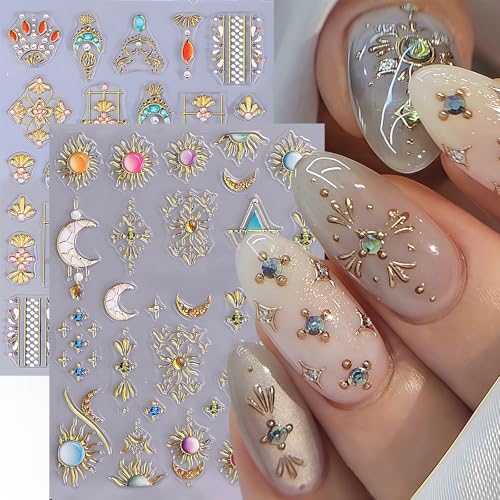 CnSybaris 5D Bohemian Nail Stickers - Metallic Gold Sun, Moon & Star Decals (2 Sheets)