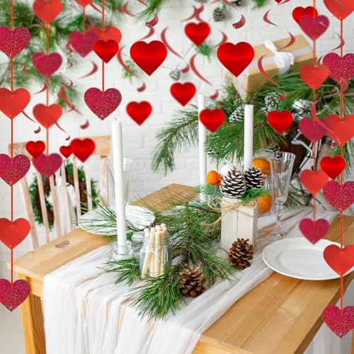 36Pcs Valentine's Day Hanging Swirls Red Glitter Heart Decorations