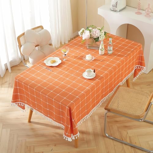 Rakila Rustic Checkered Cotton Linen Tablecloth - Orange 55x102 Inches, Waterproof, Tassel Decor for Kitchen & Dining, 10-12 Seats